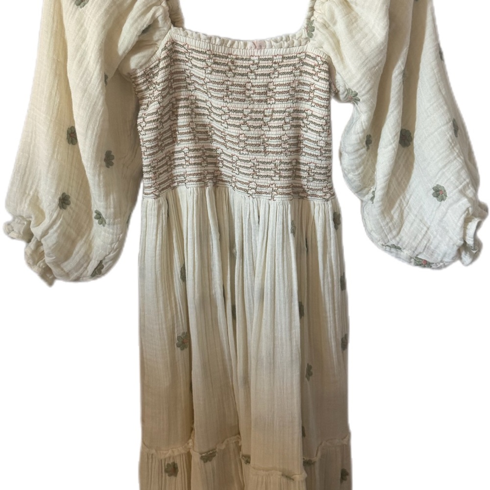 Free People Cream Midi Dress with Puff Sleeves
